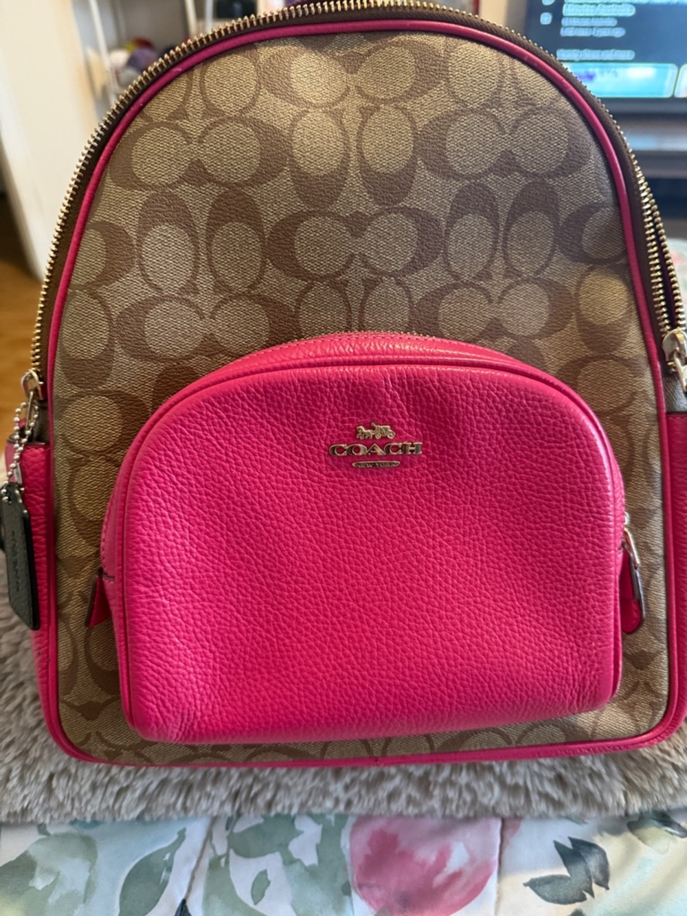 Coach Brown Signature Canvas Backpack with Bright Pink Leather Pocket